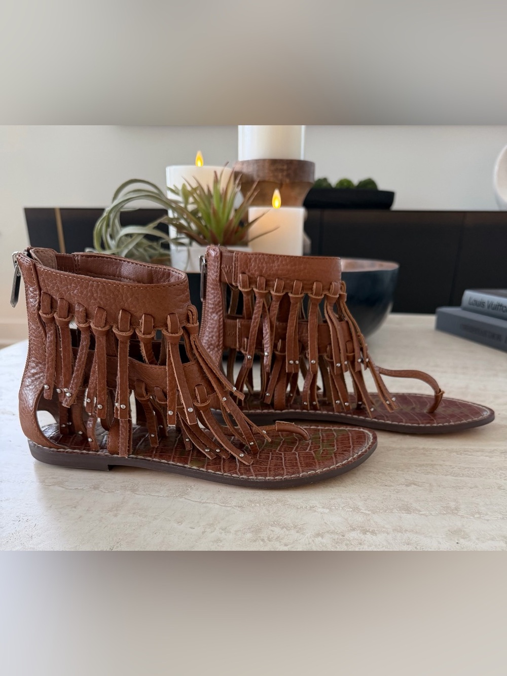 Sam Edelman Brown Leather Fringe Gladiator Sandals